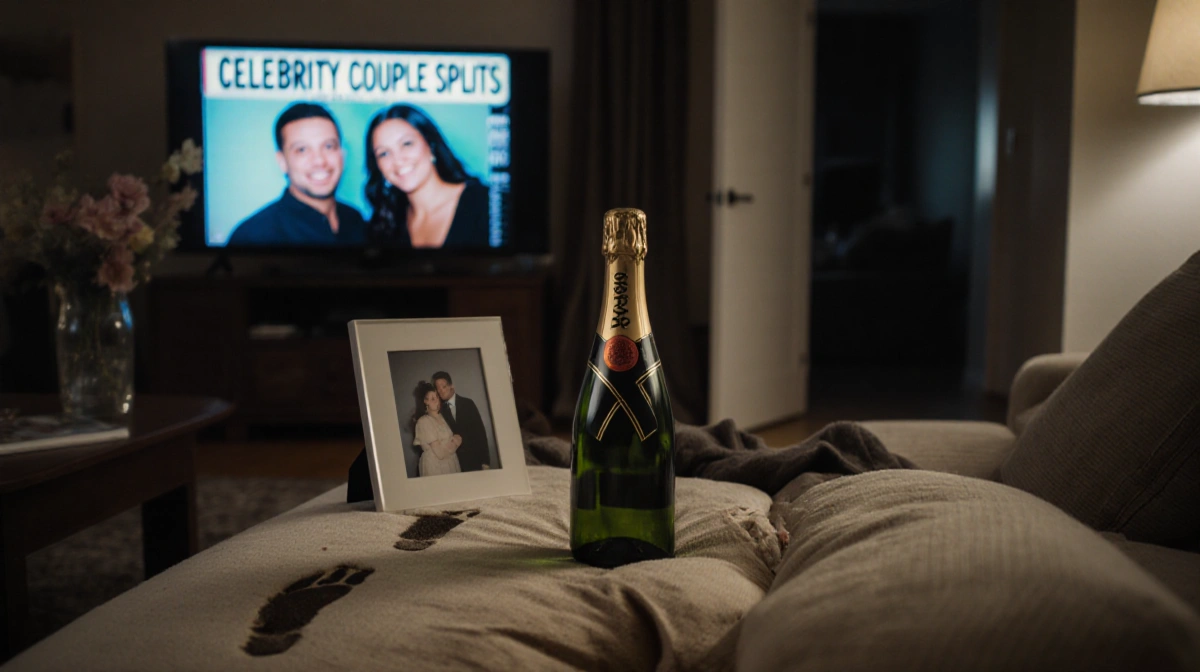 Torn couch cushion lies on cluttered living room floor with champagne bottle and framed photo showing Kristy with ex-partner 