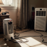 Space heater resting on bedside table with cord wrapped around lamp and cables sprawled across the floor under warm lighting.
