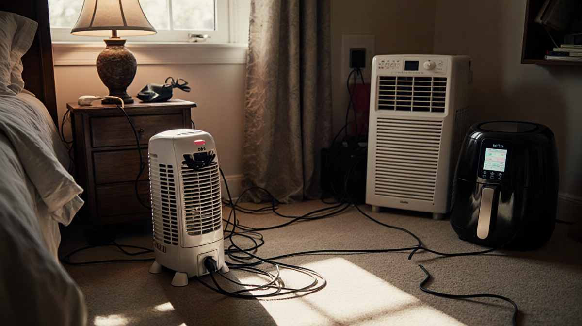 Space heater resting on bedside table with cord wrapped around lamp and cables sprawled across the floor under warm lighting.