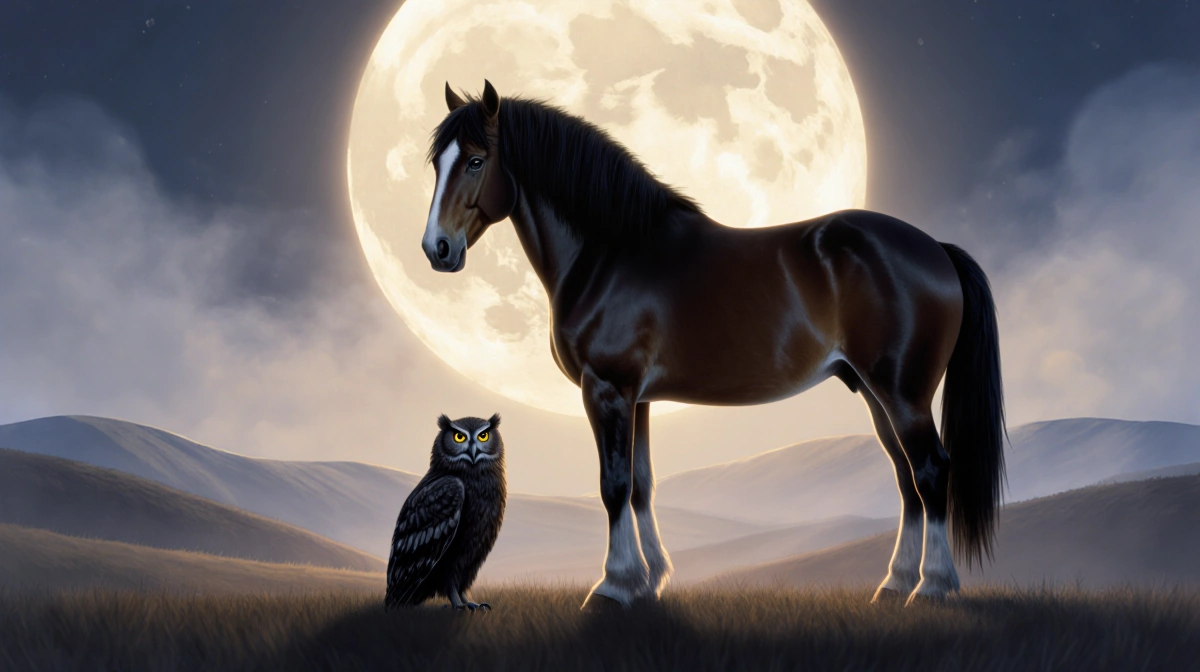 Clydesdale horse watching large dark owl with misty moonlit hills and golden lighting