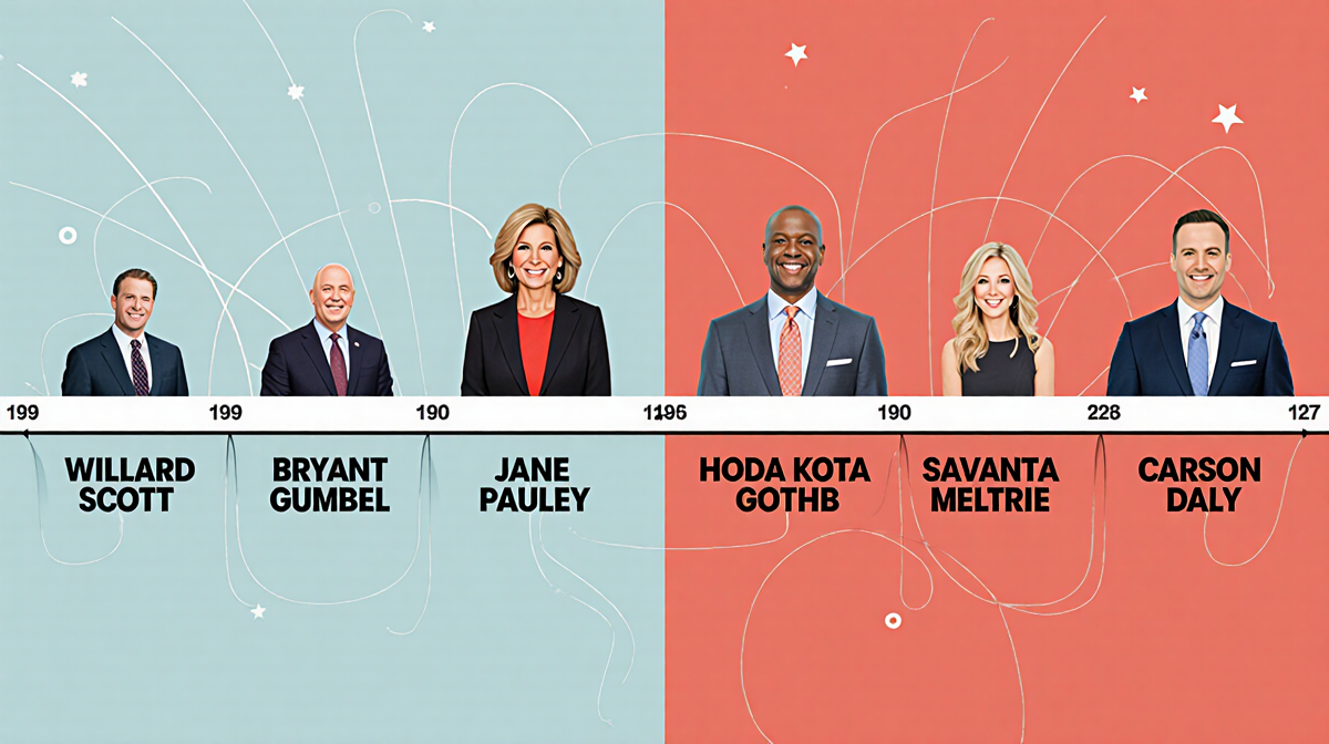 Timeline splits past co-hosts and future hosts with faint lines showing transition
