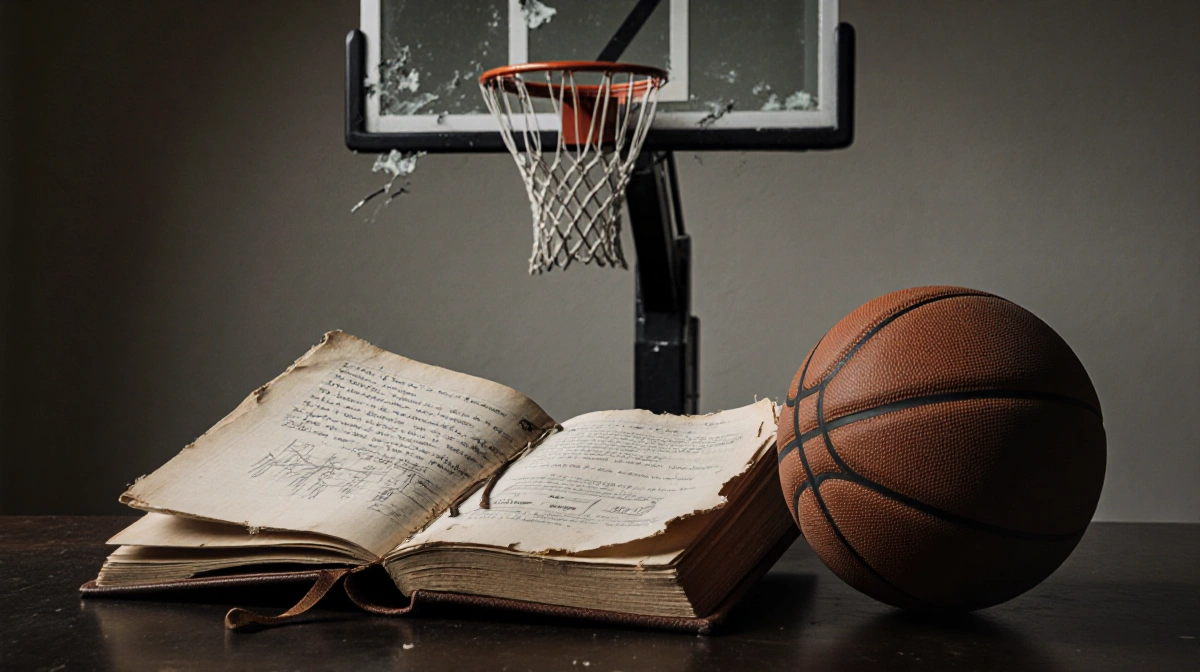 Worn leather journal sits open with torn pages scattered near wilted basketball showing coaching disappointment
