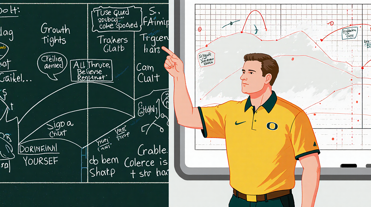 Coach Mike McDaniel pointing at whiteboard with chalk notes and diagrams showing growth trajectory