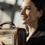 Confident woman speaking mid-sentence with her Coach purse and a worn suitcase in a soft travel airport light