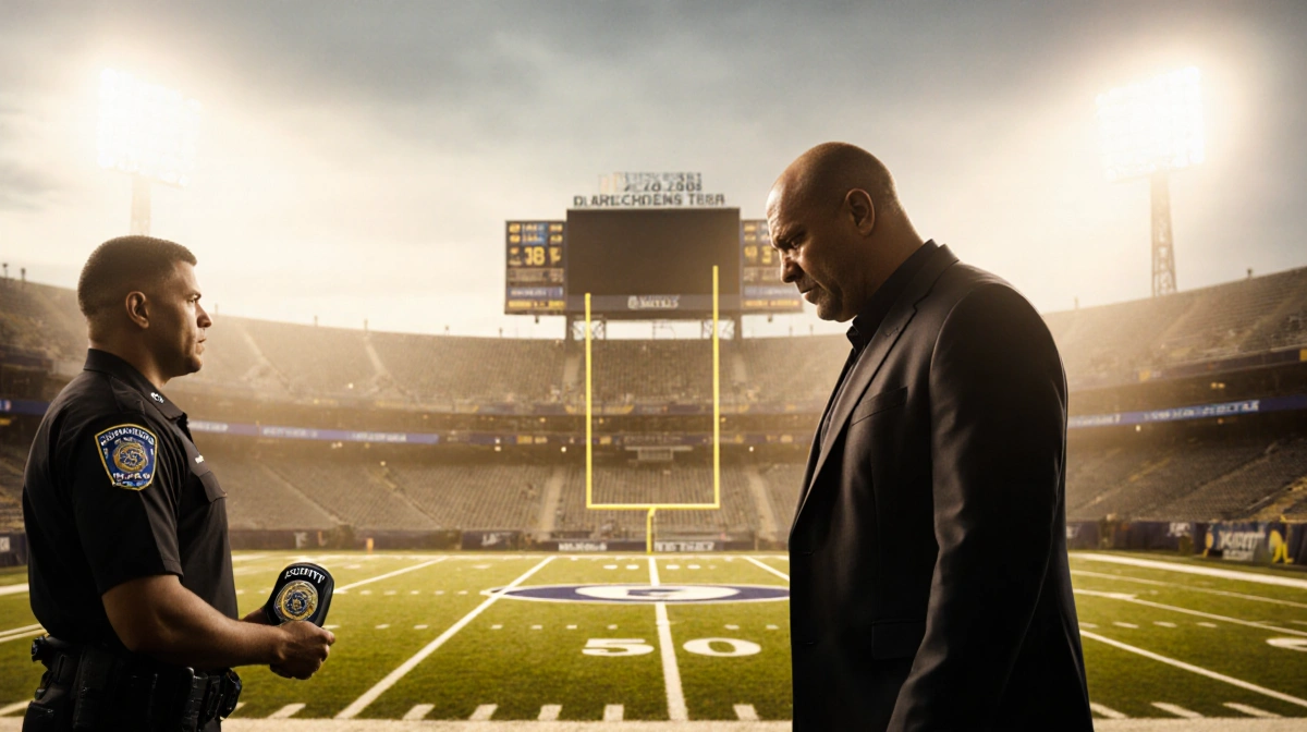 Coach confronting security guard with badge while stadium lights glow over football field