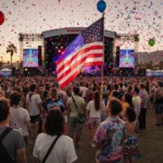Festival-goers gathering around giant American flag at Coachella with sunset sky and colorful stage lights behind them