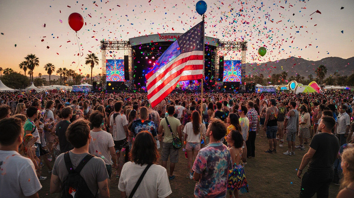 Festival-goers gathering around giant American flag at Coachella with sunset sky and colorful stage lights behind them
