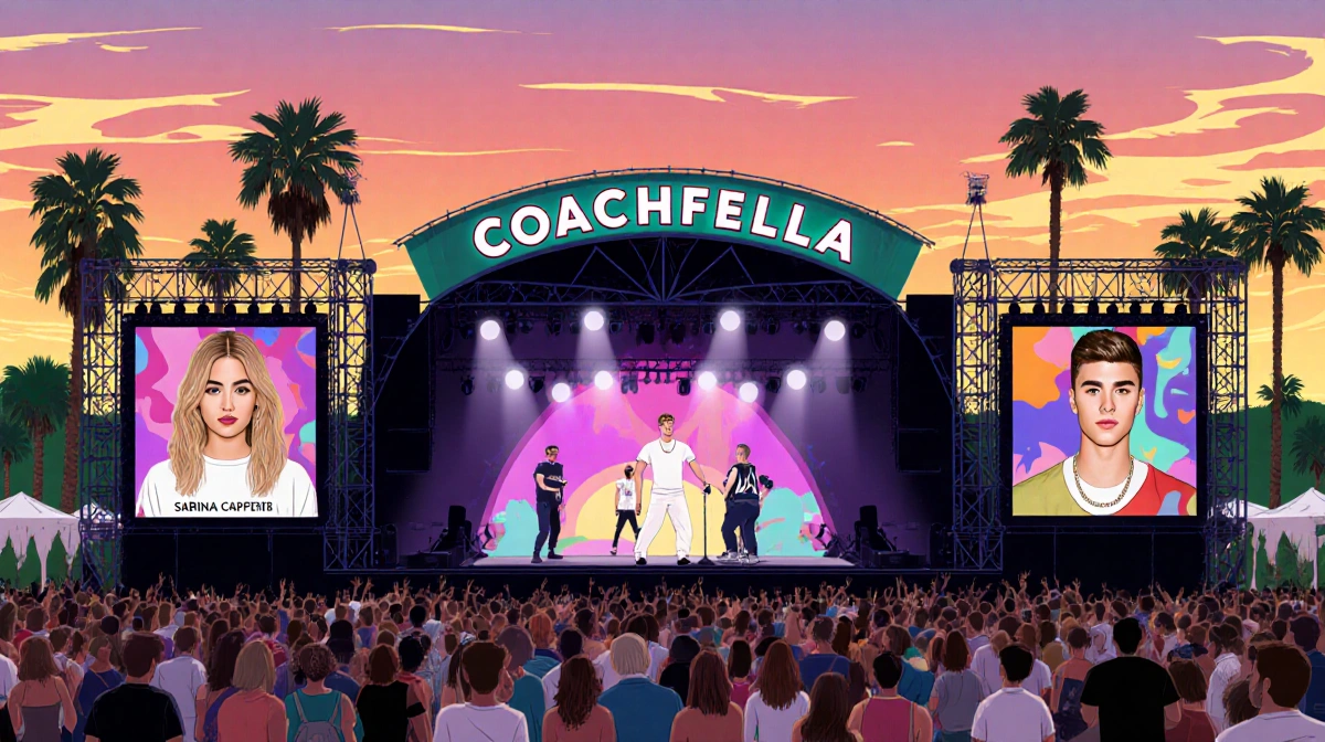 Sabrina Carpenter and Justin Bieber performing on Coachella main stage with palm trees and sunset sky behind them