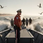 Coast Guard officer stands at vessel bow with handcuffed migrants behind and San Diego coastline fading behind