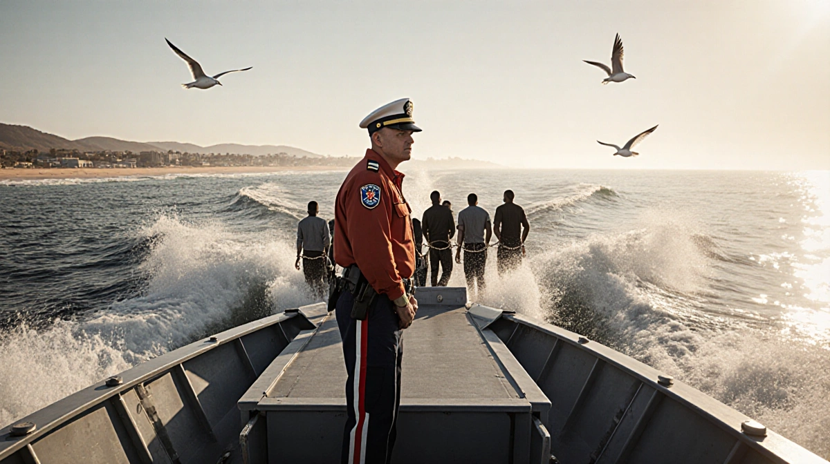Coast Guard officer stands at vessel bow with handcuffed migrants behind and San Diego coastline fading behind