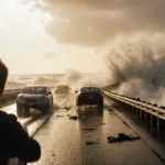 Driver looking up from car window as massive waves flood coastal road with abandoned vehicles and debris