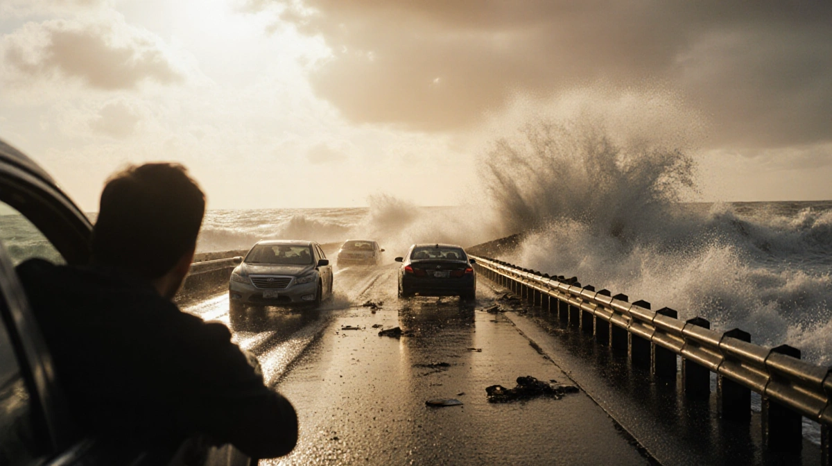 Driver looking up from car window as massive waves flood coastal road with abandoned vehicles and debris