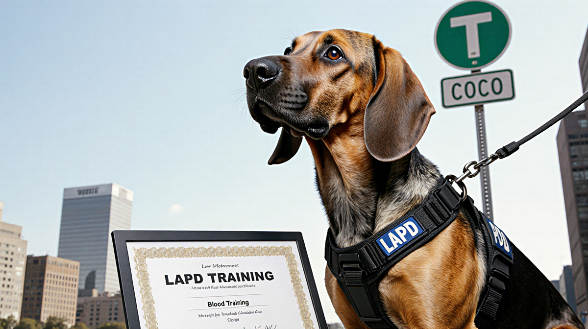 Coco the Bloodhound sniffing with black harness and leash near city street sign and LAPD training log