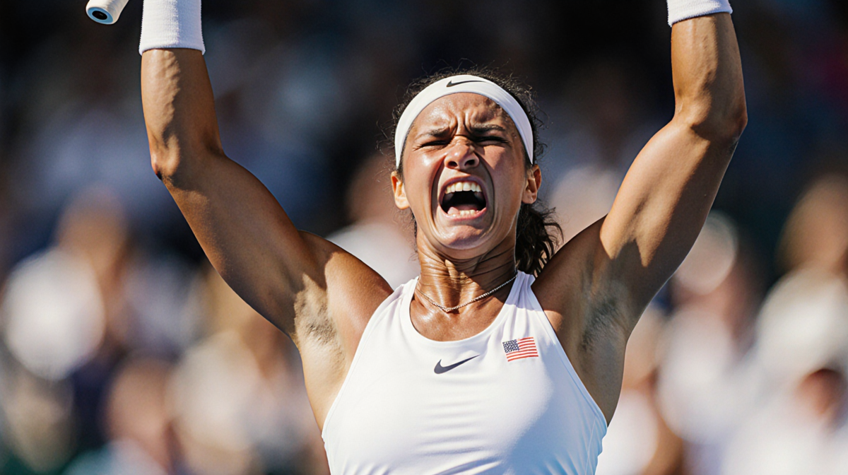 Coco Gauff raises racket with frustration and golden light illuminating her during an intense Australian Open moment