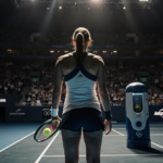 Coco Gauff standing on Australian Open court with tennis racket and ball machine off and her face showing disappointment
