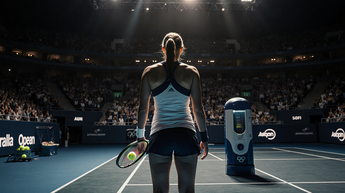 Coco Gauff standing on Australian Open court with tennis racket and ball machine off and her face showing disappointment