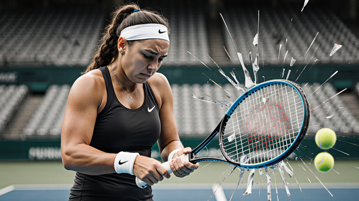 Coco Gauff holds her racket with both hands looking frustrated with shattered pieces scattered near a tennis ball