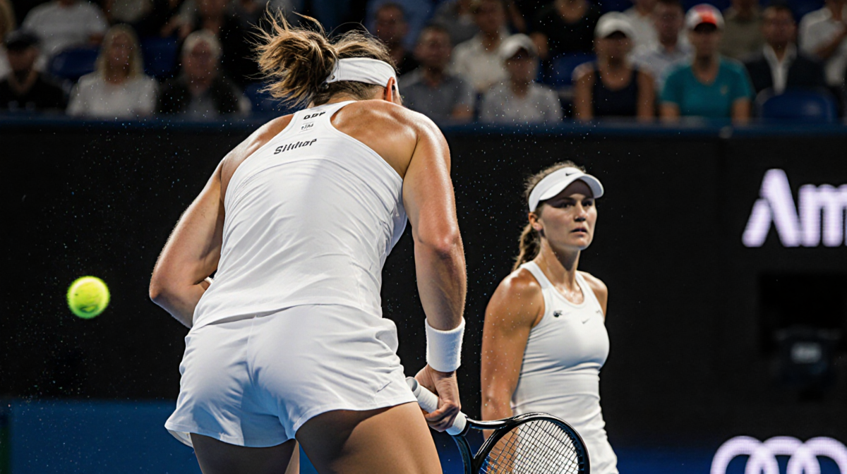 Coco Gauff slams her tennis racket to the ground with frustration while Elina Svitolina watches nearby.