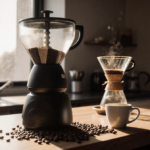 Home coffee bar showcases a burr grinder with beans scattered and a pour-over dripper nearby