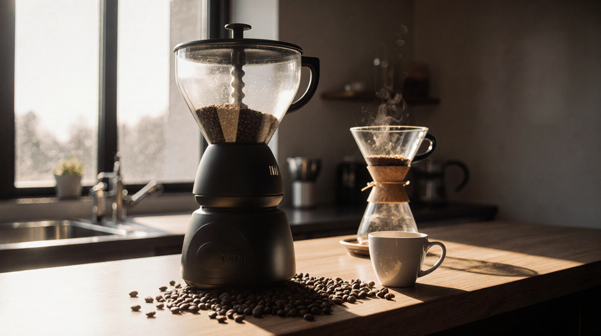 Home coffee bar showcases a burr grinder with beans scattered and a pour-over dripper nearby