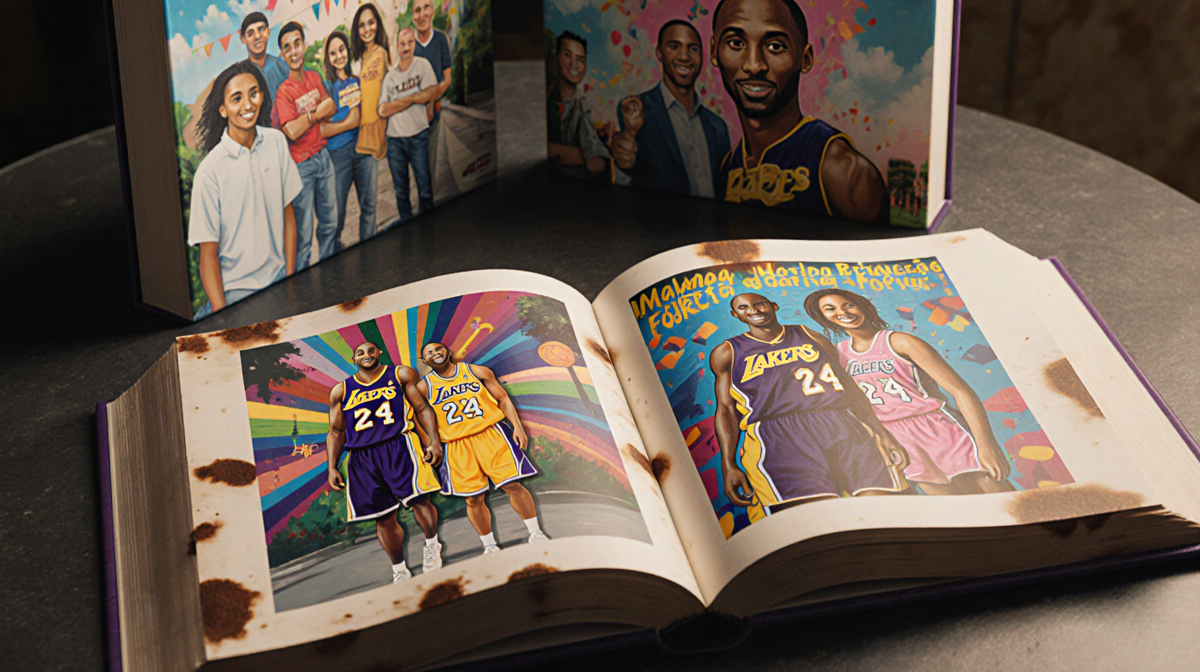 Coffee stained book open on table displaying Kobe Bryant murals with warm nostalgic glow and faint Bryant family silhouettes.