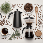 Coffee makers arranged in a flat lay with coffee beans and a sprig of mint and a wooden spoon near a wooden table