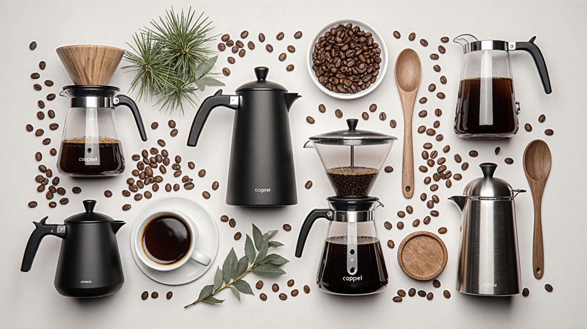 Coffee makers arranged in a flat lay with coffee beans and a sprig of mint and a wooden spoon near a wooden table