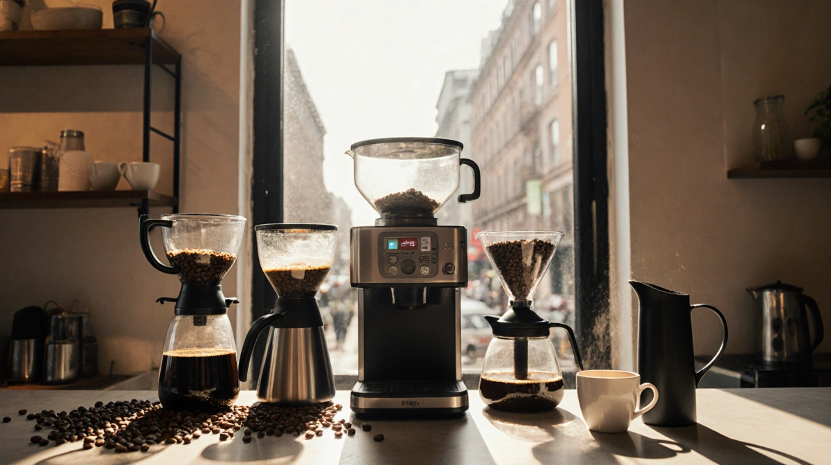 Coffee shop counter displays brewing equipment with grinders and cups arranged around central workspace and natural light