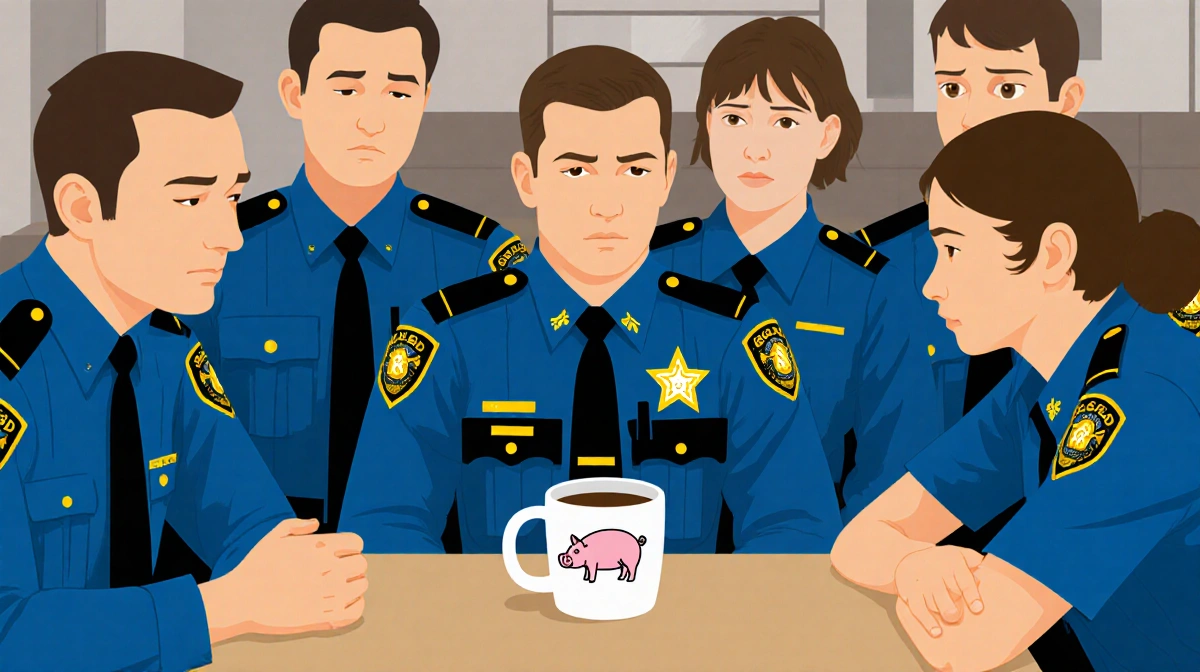 Deputy sitting at coffee shop table with LASD officers looking concerned at coffee cup showing pig drawing