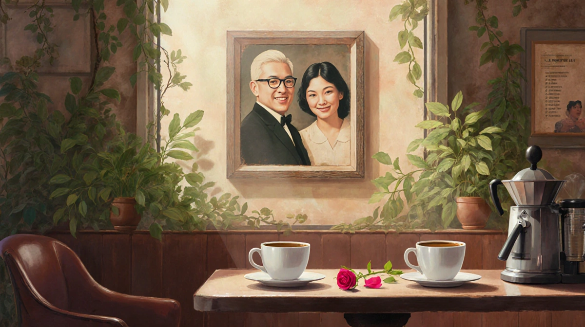 The photo of Tommy Le and Lim hangs on the wall with lush greenery and vintage coffee equipment.