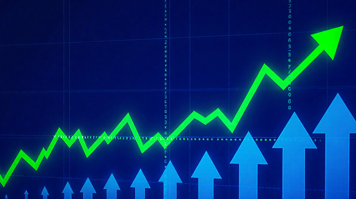 Stock chart showing green upward trendline crossing above dashed moving average with blue background and ascending arrows
