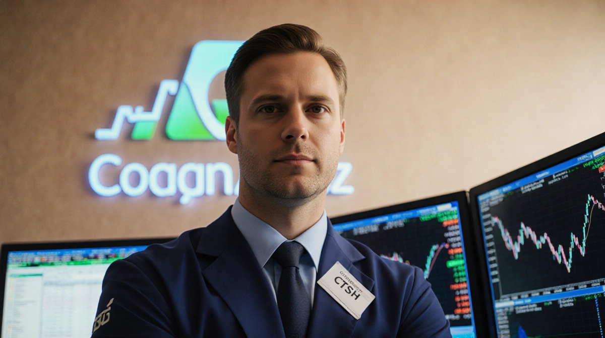 Stock trader celebrating in front of CTSH logo with financial charts on large screen