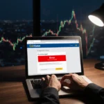 CEO cradling laptop with Coinbase error message and crypto chart showing market crash