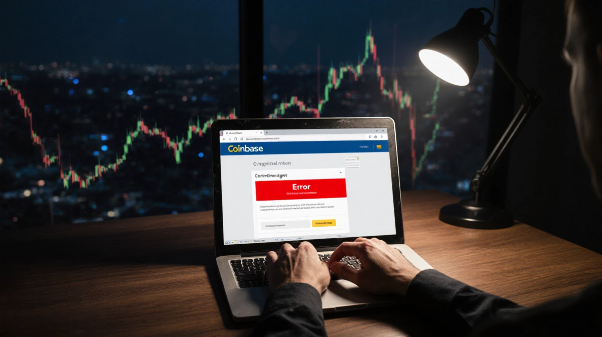 CEO cradling laptop with Coinbase error message and crypto chart showing market crash