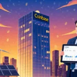 Businessman holds tablet showing Coinbase 2025 results with glowing headquarters and NYC skyline behind