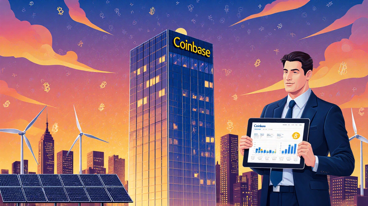 Businessman holds tablet showing Coinbase 2025 results with glowing headquarters and NYC skyline behind