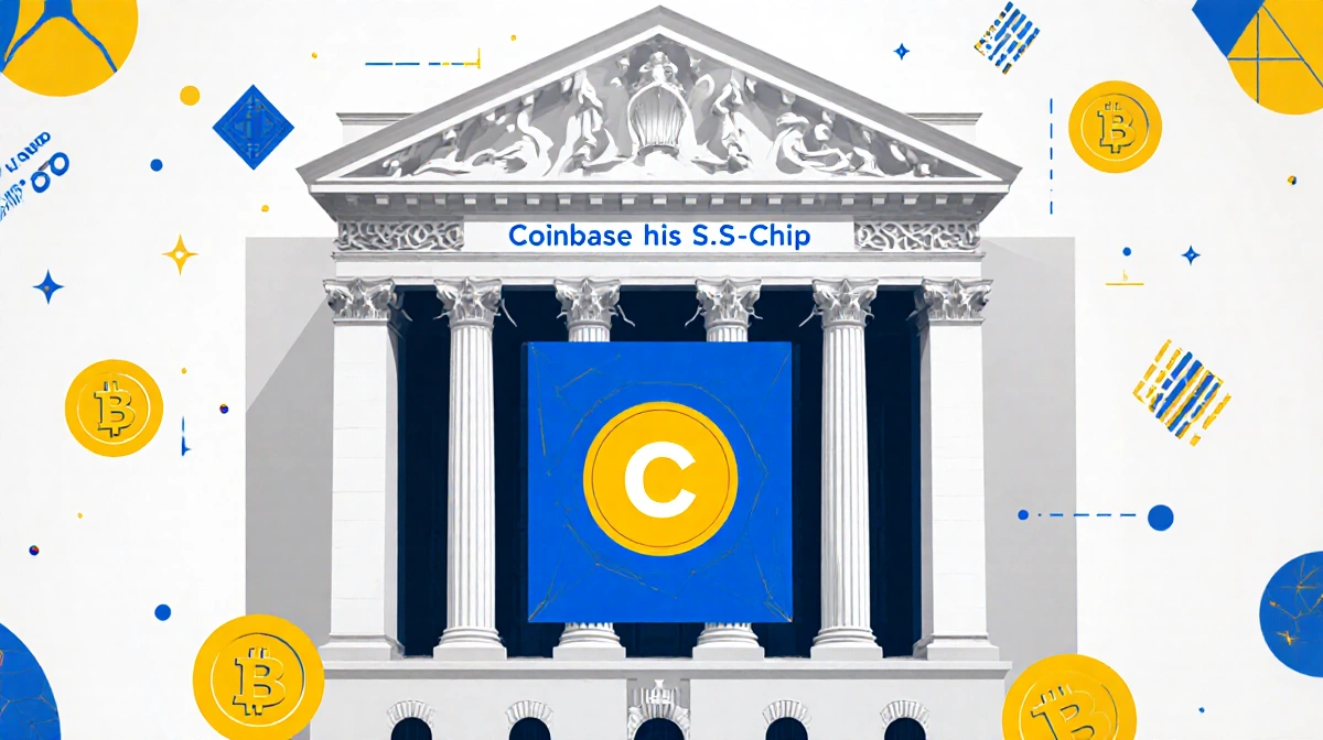NYSE building displays Coinbase logo on its facade with cryptocurrency symbols and blockchain patterns showing fintech integr