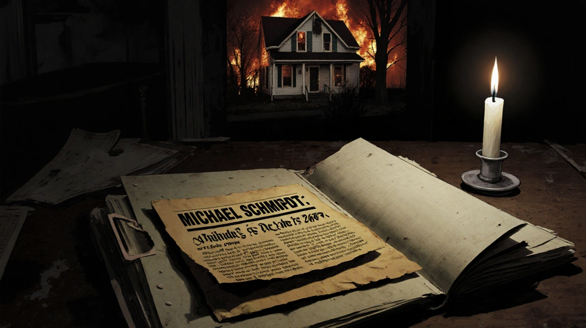 Detective reviewing cold case file with yellowed newspaper clipping and flickering candle on worn desk