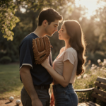 Cole Tucker holding his baseball glove with Vanessa Hudgens hand resting on his arm and golden light lighting green lawn