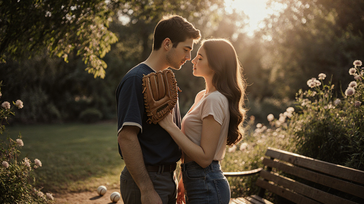 Cole Tucker holding his baseball glove with Vanessa Hudgens hand resting on his arm and golden light lighting green lawn