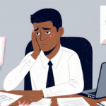 Cole Walliser sitting at desk with laptop open and papers nearby expressing remorse with blurred photo of Yinka in background