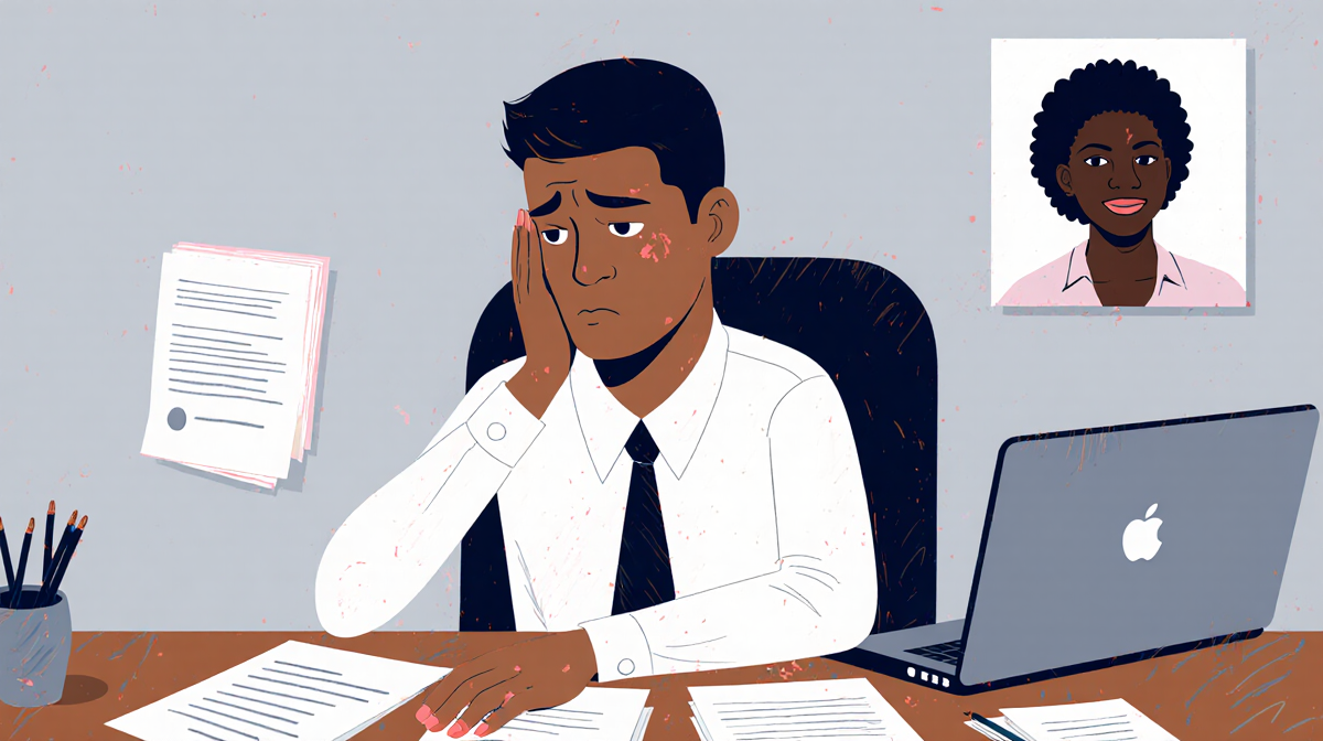 Cole Walliser sitting at desk with laptop open and papers nearby expressing remorse with blurred photo of Yinka in background