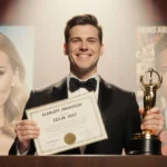 Colin Jost holding a trophy with a smirk while Scarlett Johansson posters blur behind him