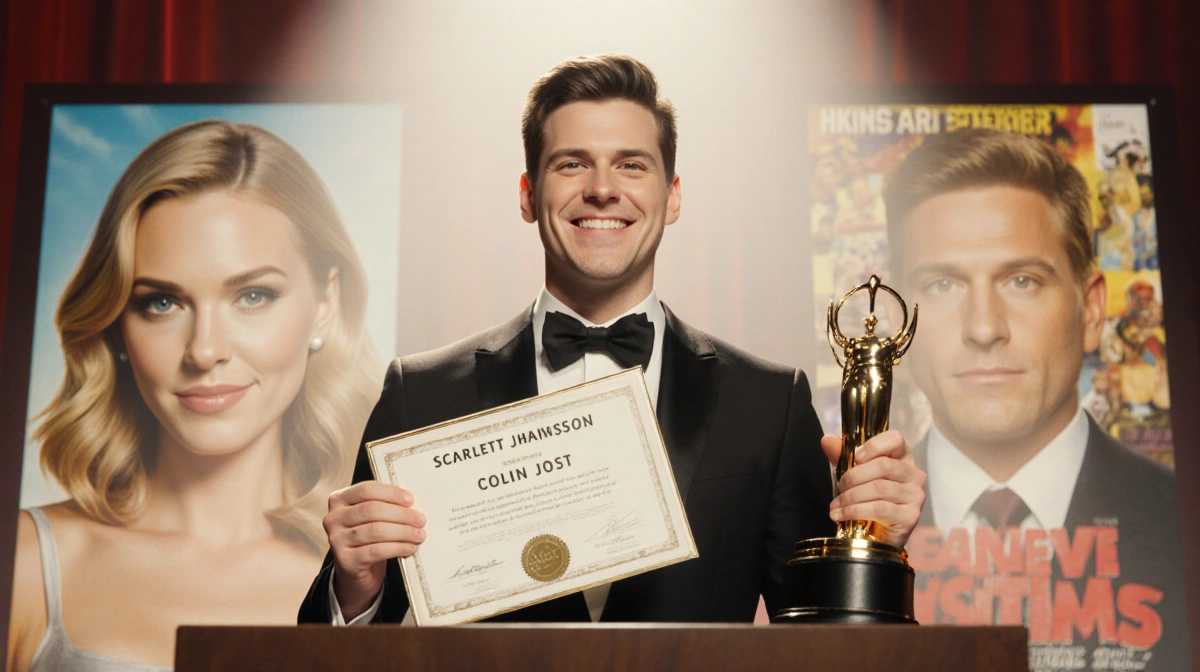 Colin Jost holding a trophy with a smirk while Scarlett Johansson posters blur behind him