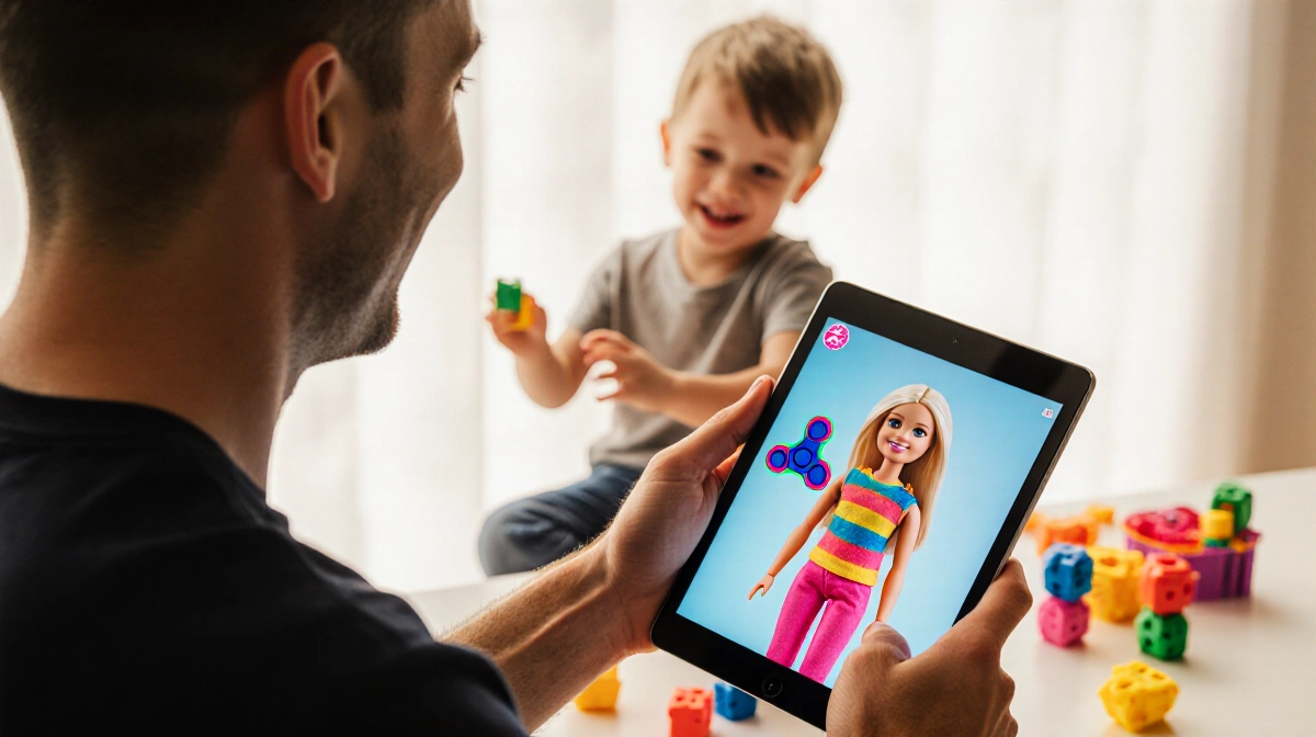 Colin Killick smiling and holding tablet showing autistic Barbie doll with child playing joyfully through window behind