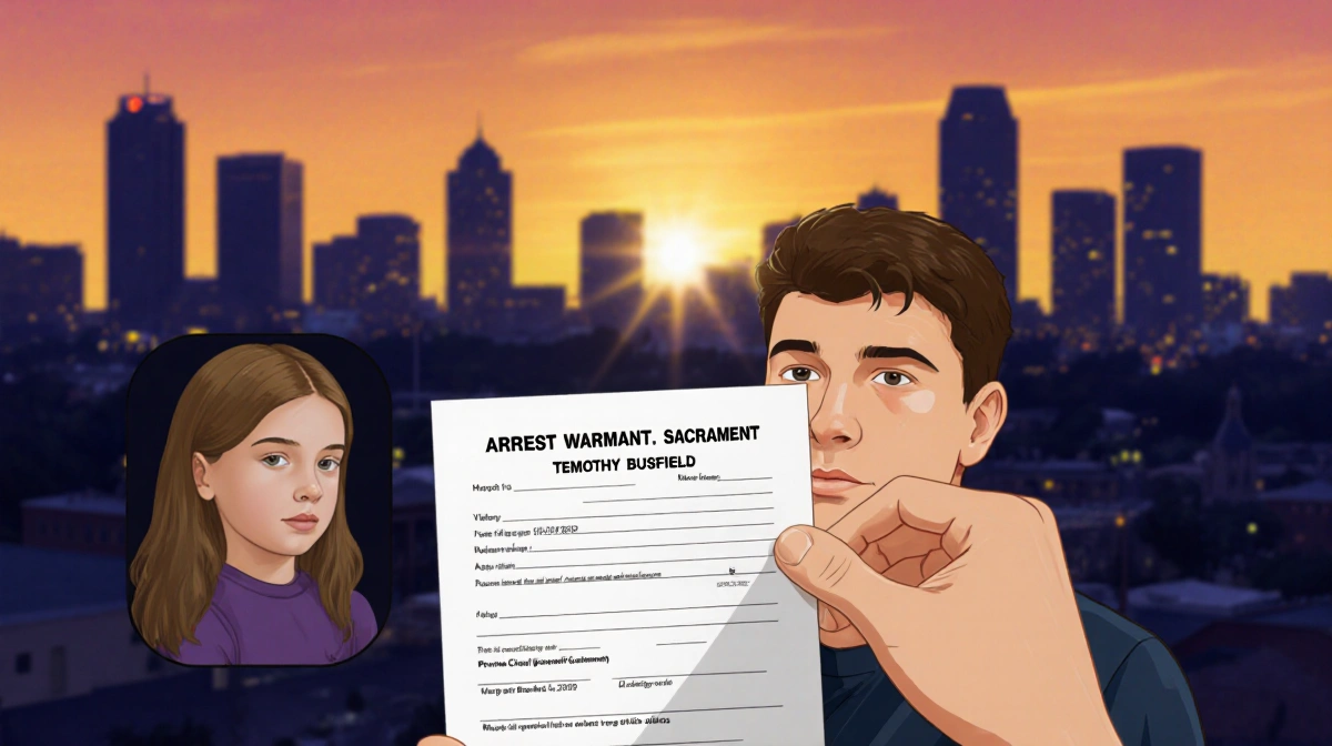 Colin Swift holding arrest warrant document with Sacramento sunset and young girl silhouette behind