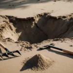 Abandoned sand digging tools lie scattered around a deep collapsed sand hole with warm light casting long shadows across the