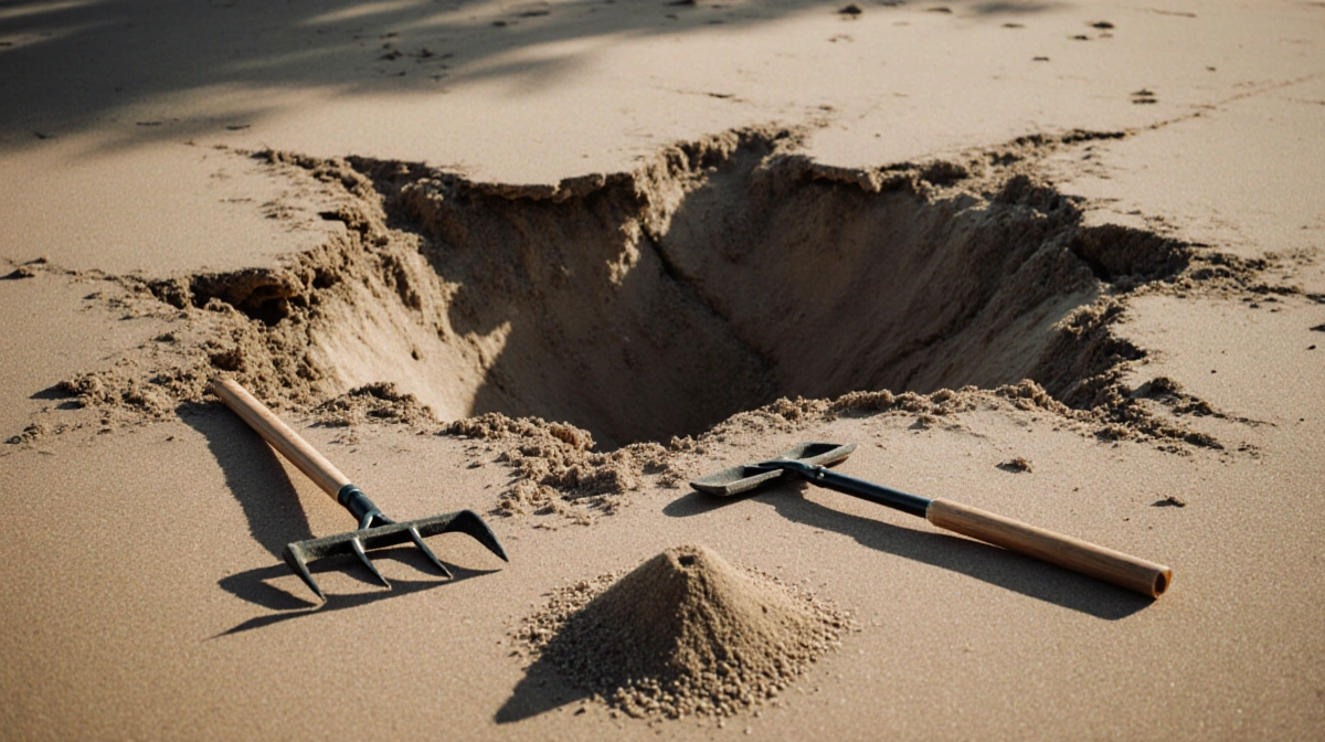 Abandoned sand digging tools lie scattered around a deep collapsed sand hole with warm light casting long shadows across the