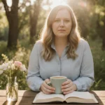 Colleen Hoover holding coffee with books and journal on wooden table showing calm resilience