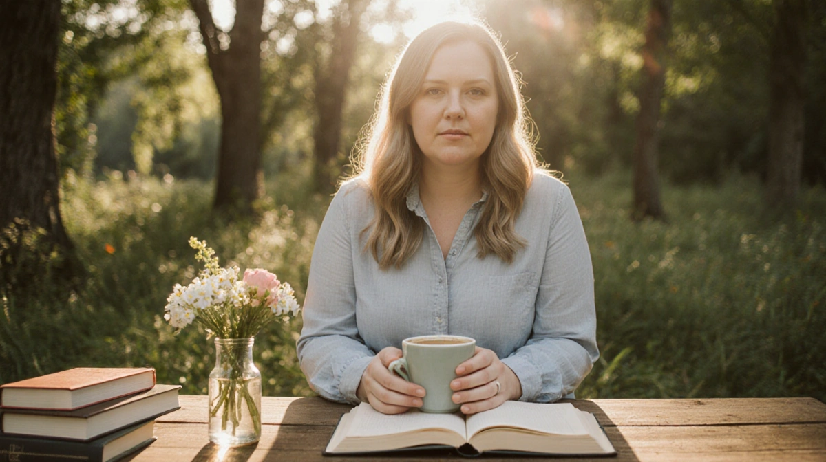 Colleen Hoover holding coffee with books and journal on wooden table showing calm resilience